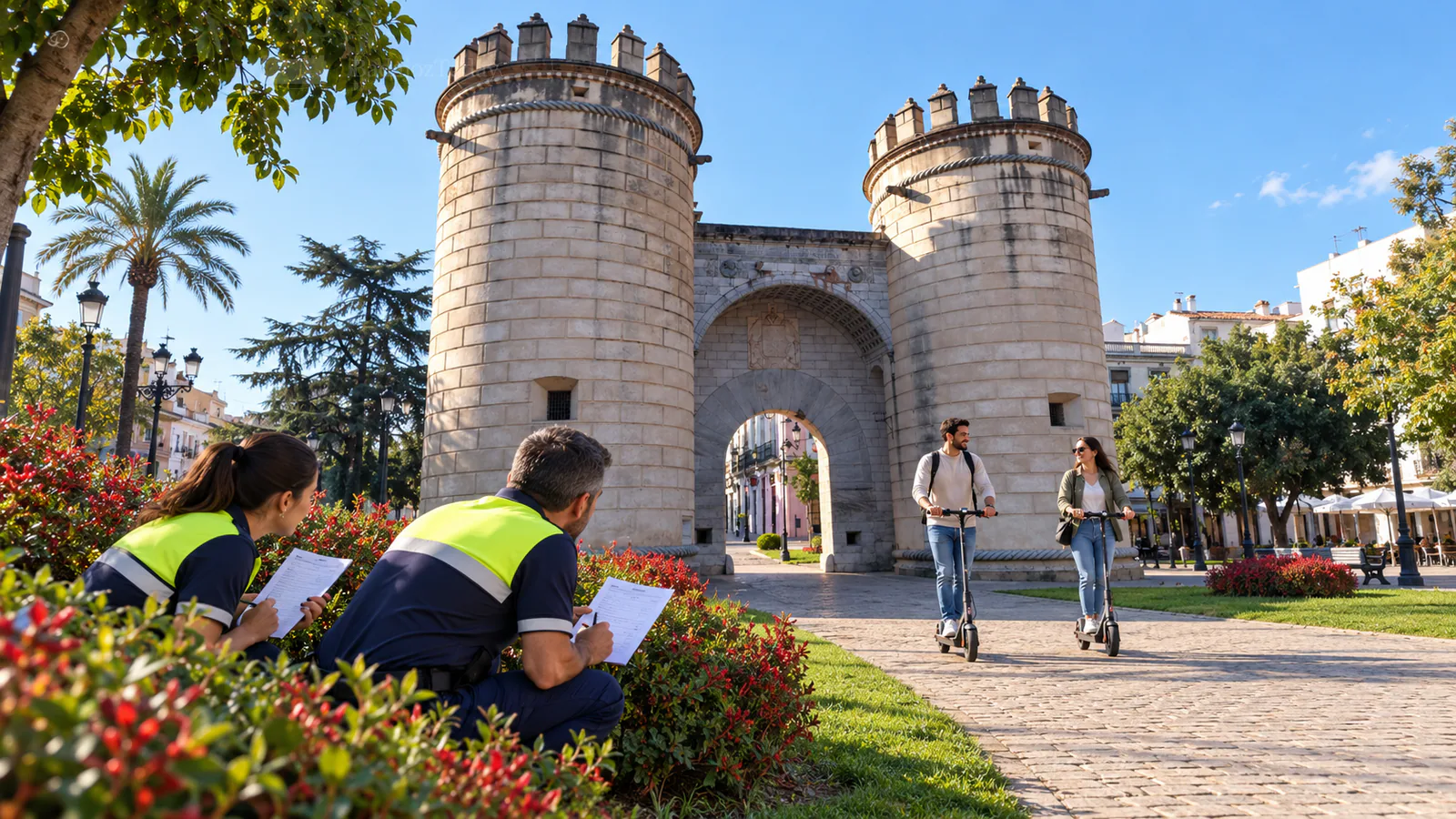Dos agentes de uniforme azul marino y amarillo esperan con tests mientras se acercan patinetistas junto a Puerta de Palmas